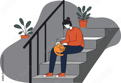 Woman sitting on stairs petting cat in cozy home environment with potted plants vector illustration 