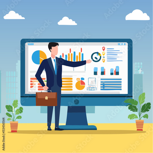 Online presentation webinar, conference or online seminar, consultation or data analyzing meeting, business discussion, financial expertise concept, businessman on computer screen presenting dat