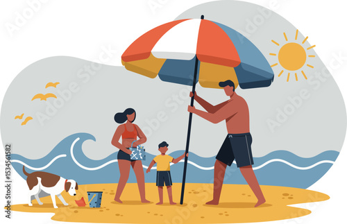 Family enjoying beach day with colorful umbrella and playful dog on sunny shore vector illustration 