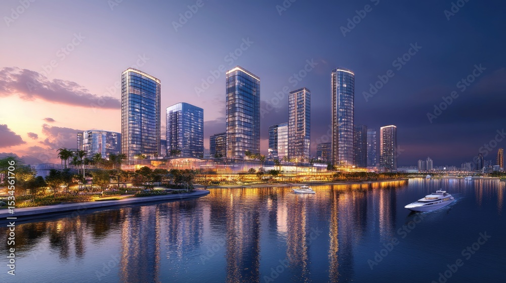 Fototapeta premium Stunning Modern Skyscrapers Reflected in Serene Water at Twilight in an Urban Waterfront Setting