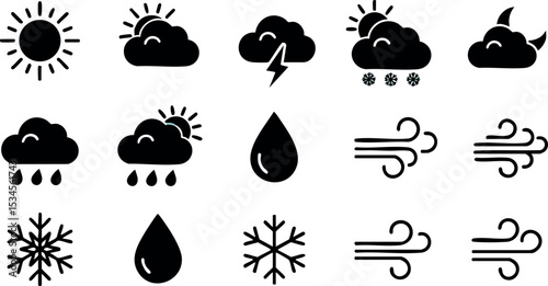 Weather icons set including sun, clouds, rain, snow, wind vector illustration collection 