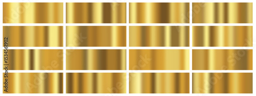 Gold background with golden metal foil gradients set. Colorful vector pattern blends premium yellow frame with abstract liquid effect. Luxury satin texture and smooth silk fade for modern design.