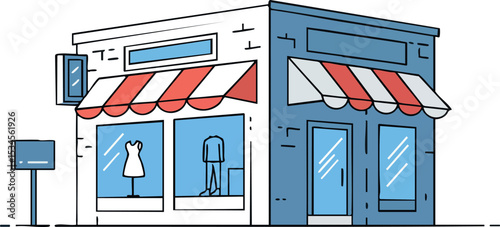 Clothing Store Building Front Facade with Red and White Awning Vector Illustration 