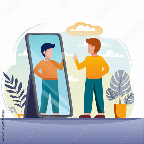Self awareness, aware of different aspect of self, behaviors and feelings, psychology state of oneself becomes focus of attention, businessman found himself from mirror thinking about self awarenes