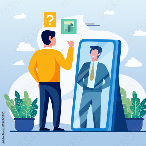 Self awareness, aware of different aspect of self, behaviors and feelings, psychology state of oneself becomes focus of attention, businessman found himself from mirror thinking about self awarenes