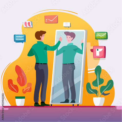 Self awareness, aware of different aspect of self, behaviors and feelings, psychology state of oneself becomes focus of attention, businessman found himself from mirror thinking about self awarenes