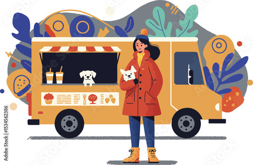 Woman holding dog near yellow food truck with drinks and snacks in autumn park vector illustration 