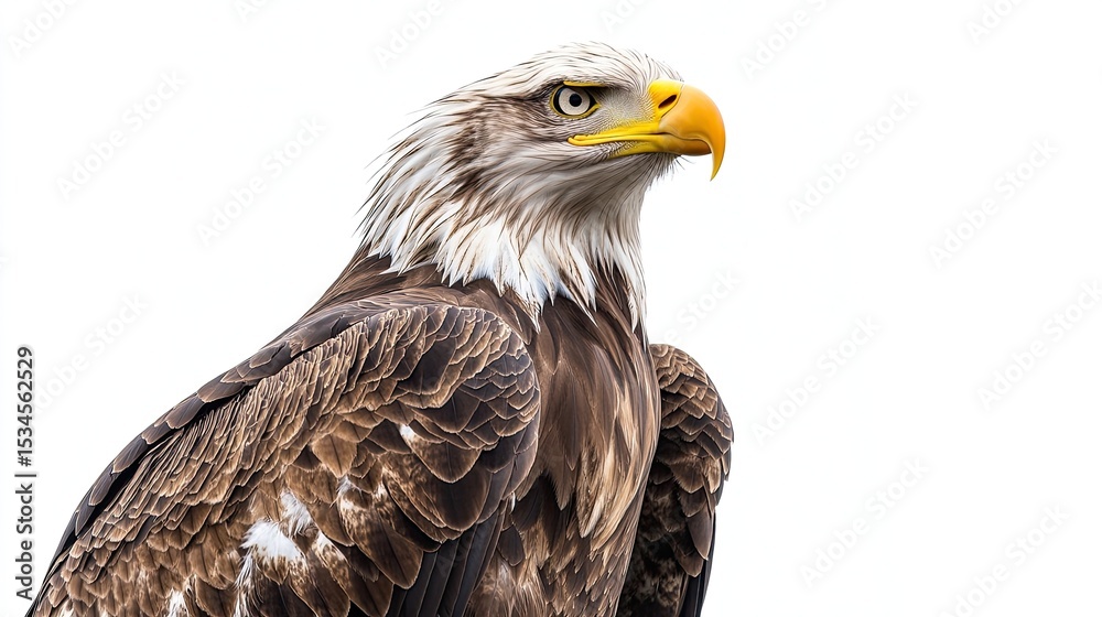 Obraz premium A majestic white-tailed eagle perched with its strong wings folded neatly and its fierce eyes focused on the blank white backdrop