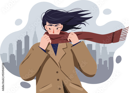 Woman adjusting scarf in windy urban setting with city skyline background vector illustration 