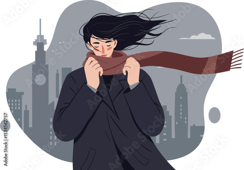 Woman wearing scarf in cold windy cityscape with skyscrapers and dark clothing vector illustration 
