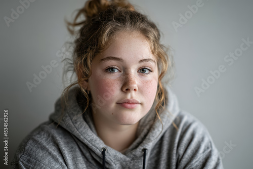 Portrait of an overweight teenage girl with curly blonde hair wearing a grey hoodie. Overweight, obesity in teens and children, unhealthy eating. 