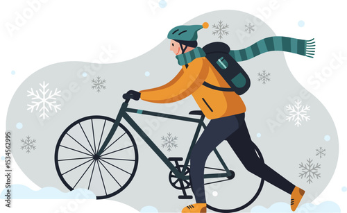 Person pushing bicycle through snow wearing winter clothes and scarf in cold weather vector illustration 