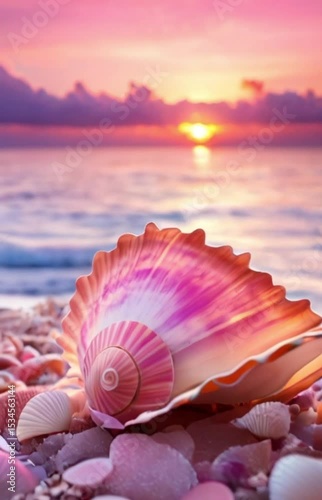 Pink Seashell Resting on Beach Sand at Sunset with Gentle Ocean Waves


