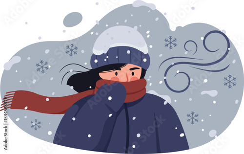 Woman Wearing Winter Clothes and Scarf in Cold Snowy Weather with Windy Effects Vector Illustration 