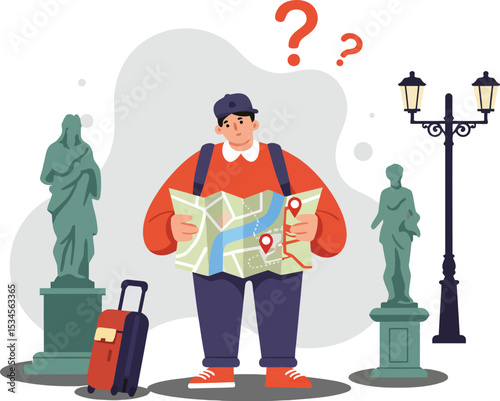Confused tourist reading map among statues and street lamp vector illustration with suitcase and question marks 
