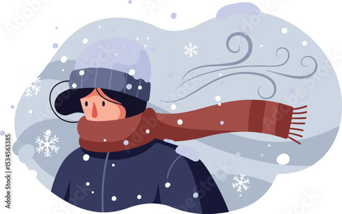 Person wearing winter clothes with scarf and hat in cold snowy windy weather vector illustration 