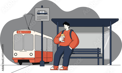 Man waiting for city tram at outdoor bus stop holding coffee cup with urban background vector illustration 