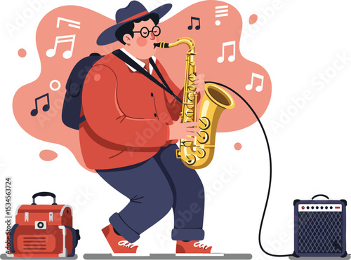 Saxophone player enjoying music with amplifier and backpack in casual style vector illustration 