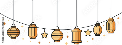 Decorative Hanging Lanterns Garland with Stars Vector Illustration in Warm Colors 