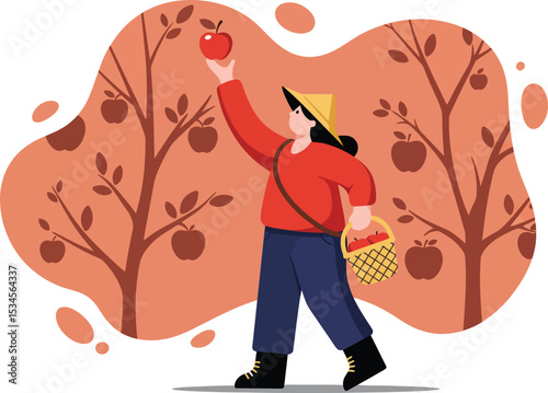 Woman wearing hat picking red apples with basket in orchard autumn season vector illustration 
