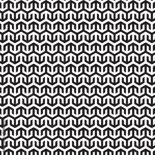 vector seamless pattern, black and white geometric pattern, repeating arrow-like or "M" shaped units interlock, zigzag or chevron effect, horizontal rows