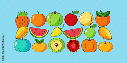 A vibrant vector illustration set features various fresh and healthy fruits and vegetables, including apples, oranges, strawberries, bananas, lemons, cherries, watermelons, and green leafy vegetables