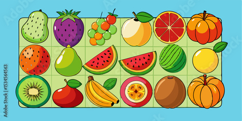 Seamless pattern featuring an Easter background with a collection of fresh, sweet, and ripe fruit illustrations including apple, orange, strawberry, and lemon vectors