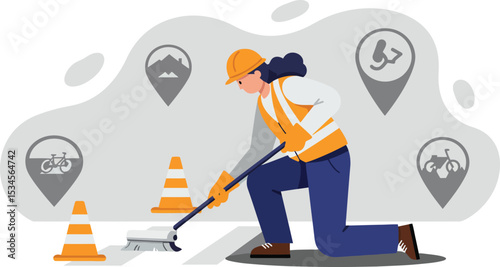Construction Worker Repairing Road Surface with Safety Cones and Location Markers in Vector Illustration 