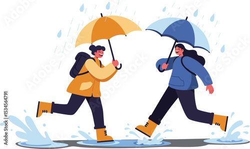 People holding colorful umbrellas running through rain puddles in rainy weather vector illustration 