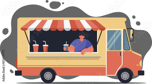 Food truck selling beverages with striped awning and customer inside vector illustration 