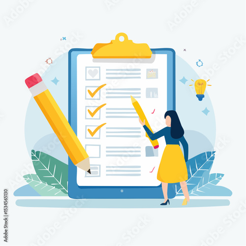 Meeting agenda, priority important task for discussion, objective or purpose to finish, planner or checklist for office work concept, smart business woman hold pencil write meeting agenda with cloc