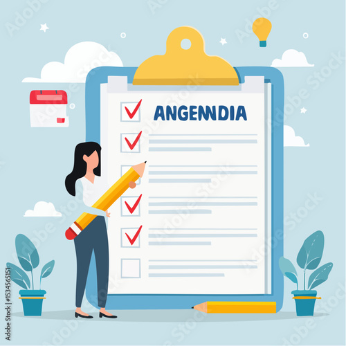 Meeting agenda, priority important task for discussion, objective or purpose to finish, planner or checklist for office work concept, smart business woman hold pencil write meeting agenda with cloc