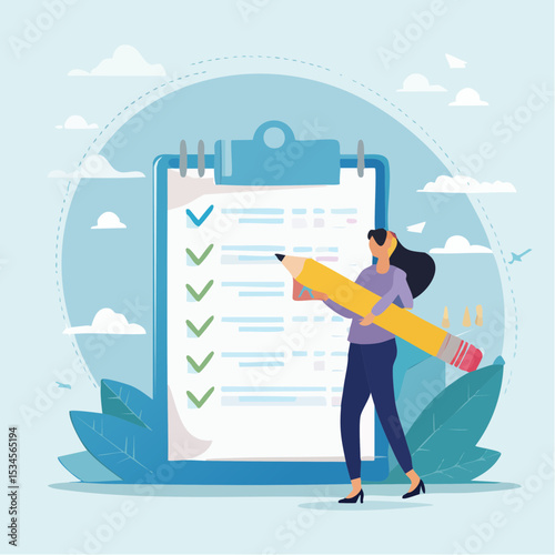 Meeting agenda, priority important task for discussion, objective or purpose to finish, planner or checklist for office work concept, smart business woman hold pencil write meeting agenda with cloc