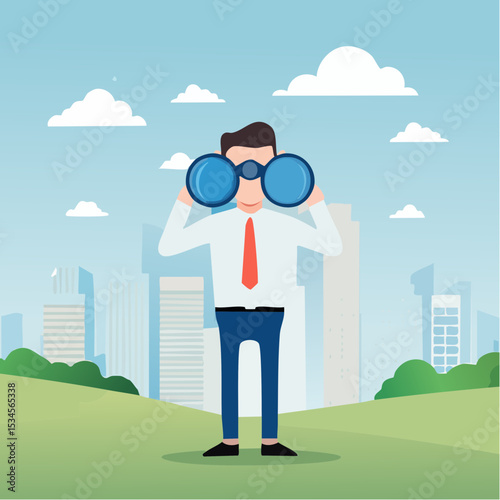 Observation, search for opportunity, curiosity or surveillance, inspect or discover new business, job search or hr finding candidate concept, curious businessman look through binoculars with big eye