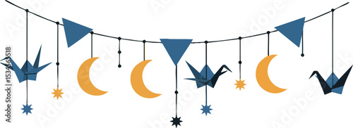 Origami birds and crescent moons hanging decorative garland vector illustration in blue and orange 