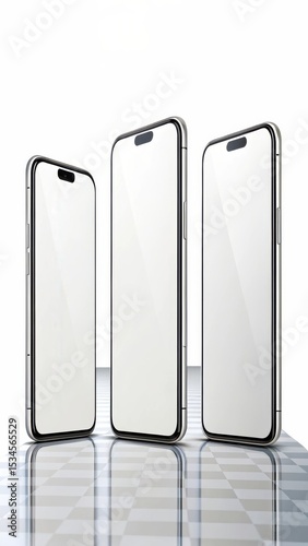 Three sleek smartphones isolated on white background, reflecting light