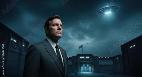 A man in a suit looks up at a ufo flying in the night sky over a secret government building, conspiracy theory concept.