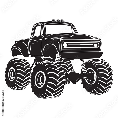 Bold Monster Truck Illustration Featuring Oversized Tires and Classic Design Elements in a Silhouette
