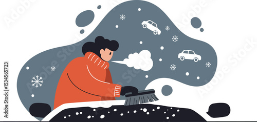 Person wearing orange coat blowing warm breath in cold snowy weather vector illustration 