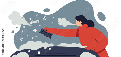 Woman clearing snow from car windshield with brush in winter outdoor scene in red coat 