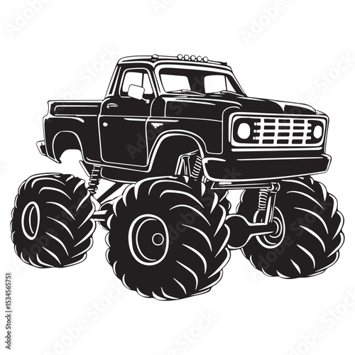 Bold Monster Truck Illustration Featuring Oversized Tires and Classic Design Elements in a Silhouette