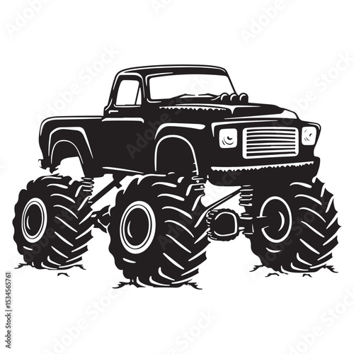 Bold Monster Truck Illustration Featuring Oversized Tires and Classic Design Elements in a Silhouette