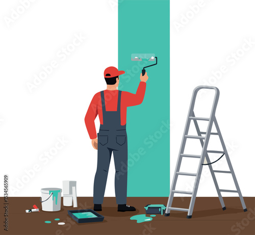 Painter applying teal paint on wall with ladder and paint supplies indoors vector illustration 