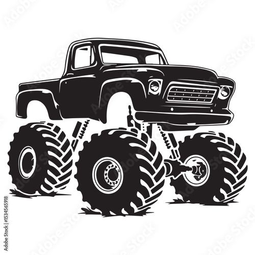 Bold Monster Truck Illustration Featuring Oversized Tires and Classic Design Elements in a Silhouette