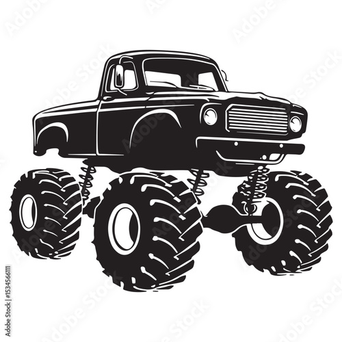 Bold Monster Truck Illustration Featuring Oversized Tires and Classic Design Elements in a Silhouette