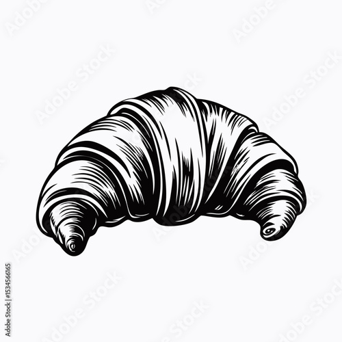 Detailed croissant sketch in black and white, hand-drawn food illustration style, breakfast and bakery concept — concept: café branding, food blogs, packaging design.