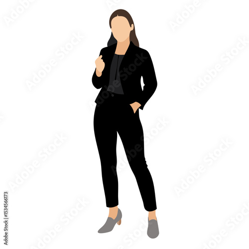 Confident woman in black suit standing with hand in pocket, realistic illustration in lifestyle style, elegance and leadership concept — concept: fashion branding, HR visuals, coaching.