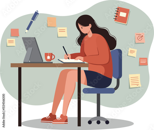 Woman studying at desk with computer and notes in casual outfit vector illustration 