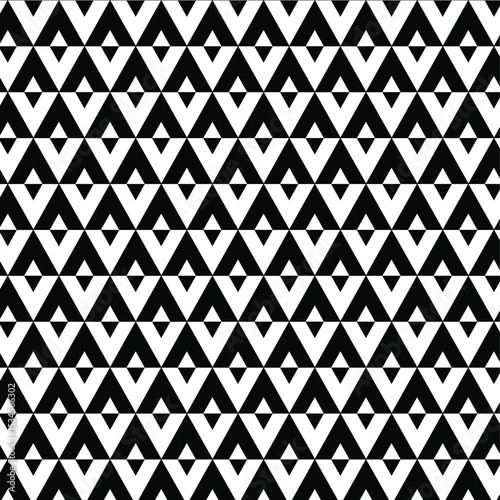 seamless geometric pattern with triangles, black and white geometric pattern, upward-pointing black triangles interspersed, rows of downward-pointing white triangles, zigzag or chevron effect,