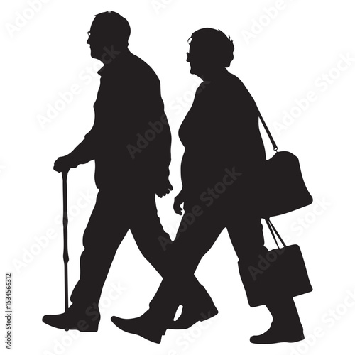 Elderly Couple Walking Together with Cane and Bag Depicted in a Black Silhouette